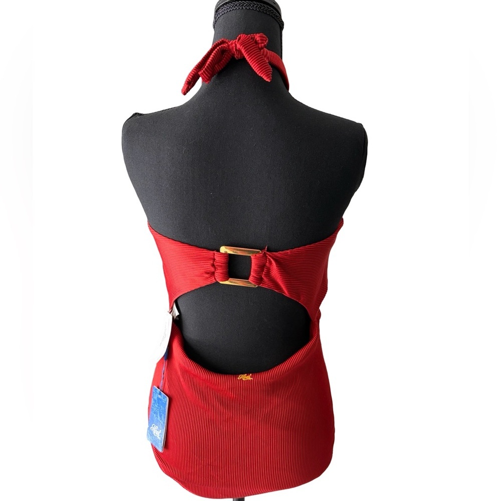 Red Halter One-Piece Swimsuit with Decorative Ring Detail - Picture 3 of 7